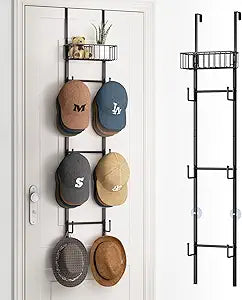 HapiRm Over Door Hat Rack - Wall Mounted Hat Organizer with 6 Hooks and Metal Basket Design, Baseball Cap Organizer Storage Holder Up to 32 Caps for Door, Bedroom, Closet (Black)