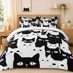 Twin Cat Comforter Set ��� Black and White Cute Cat Bedding Set with 1 Comforter & 1 Pillowcase, Modern Cartoon Cat Bed Set for Kids Girls Boys Teens