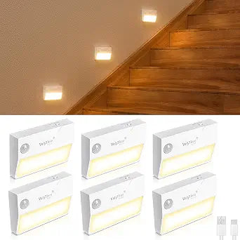 6 Pack Large Area LED Step Light, Rechargeable Motion Sensor Stair Lights Indoor, Ultra-Wide Rectangle Wall Washer, Warm White Step Lighting for Hallway, Stairway, Bathroom, Bedroom, Kitchen
