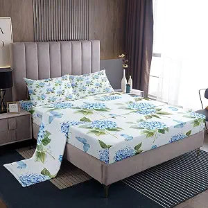 Erosebridal Blue Hydrangea Bed Sheets Set Chic Flower Queen Sheet Set, Cute Butterfly Sheets Green Leaves Bed Set, Spring Floral Flat Sheet Girls Bedroom Decor with 2 Pillowcase