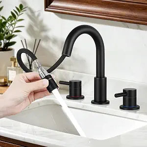 FGKQ Black Bathroom Faucet 3 Hole with Pull Down Sprayer and Pop Up Drain