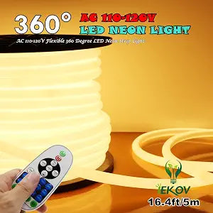 [Upgrade] 360 LED NEON Light, AC 110-120V Flexible 360 Degree LED Neon Strip Lights, Dimmable & Waterproof NEON LED Rope Light + Remote Controller for Decoration (16.4ft/5m, Warm White)