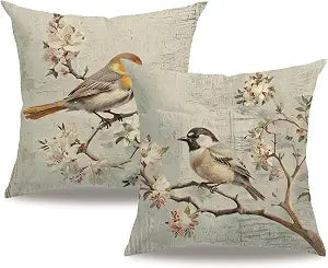 7COLORROOM Set of 2 Watercolor Birds Pillow Covers Spring Flower & Hummingbird Cushion Covers White and Grey Painting Birds Home Decorative Pillowcases 18x18 inch for Patio Furniture Bed (White/Grey)