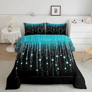 Feelyou Abstract Ombre Comforter Set Teal Black Teens Bedding Set for Boys Girls Women Kids Modern Geometric Comforter Glitter Galaxy Stars Decor Quilt Set Bedroom Collection 2Pcs Twin Size