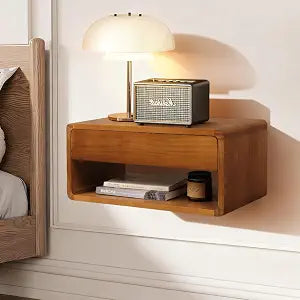 Floating Nightstand Wall Mounted Bedside Shelf Handmade Bedroom Furniture,Pine Wood Floating Bedside Table, Minimalist and Unique Style 17.5x 9.5x 8 Brown