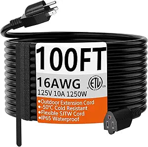HUANCHAIN Black Extension Cord 100 FT, 16 Gauge, Outdoor Electric Cable