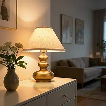 Brass Gold table lamp, 13.78" Modern Nightstand Lamp with Linen Shade, Vintage Gourd Base Desk Lamp for Kitchen Counter, Bedroom, Nightstand, Desk Lighting, Bookshelf, Living Room, Kids Dorm
