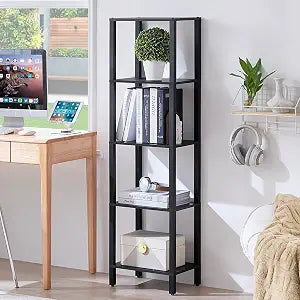 YUFAM 5 Tier Tall Narrow Bookshelf, Skinny Bookcase, Wooden Shelf, Black