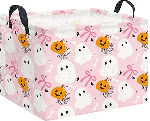 Rectangular Halloween Basket, Pink Bowknot Ghosts