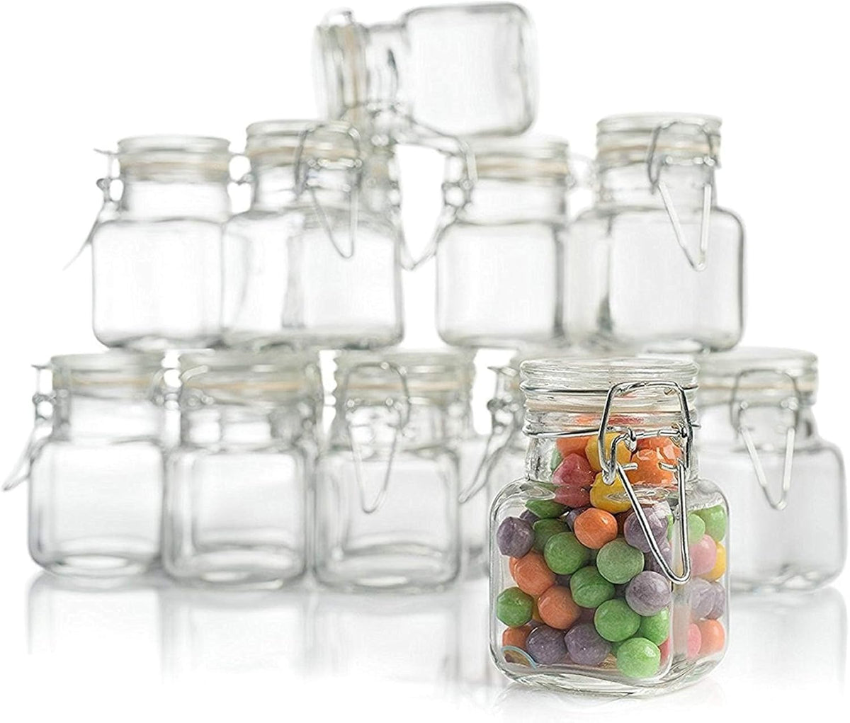 (3 oz) Small Square Glass Jars with Airtight Round Lids, Empty Spice Containers with Labels, Leak Proof Rubber Gasket and Hinged Lid, Chalkboard Label & Marker Included, For Home or Kitchen (12 Pack)
