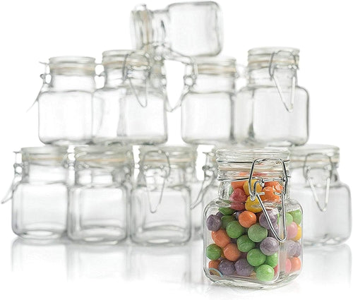 (3 oz) Small Square Glass Jars with Airtight Round Lids, Empty Spice Containers with Labels, Leak Proof Rubber Gasket and Hinged Lid, Chalkboard Label & Marker Included, For Home or Kitchen (12 Pack)