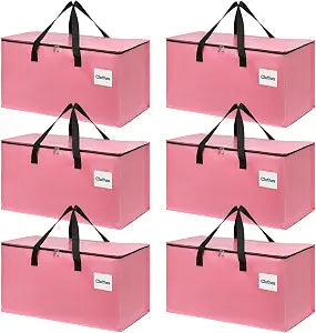 6 Pack Extra Large Heavy Duty Moving Bags with Reinforced Zipper & Wide Carrying Handles, Durable Storage Totes for Clothes Packing, College Dorm, Travel & Home Organization, Pink