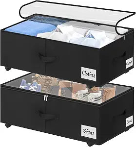 Under Bed Storage with Wheels, 2-Pack 10" Height XXL 75L Rolling Storage Bins, Quick Assembly Underbed Shoe Storage Containers with Clear Lid & Label, Dorm Under Bed Drawers for Clothes, Shoes, Black