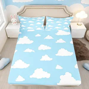 White Clouds Bedding Set,Cartoon Clouds Blue Sky Decor Fitted Sheet for Kids Teens Adults,Simple Style Graffiti Decorative Bed Sheet with 2 Pillowcases(No Flat Sheet),Full Size 3 Pcs