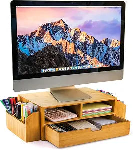 Hiceeden 2 Tier Bamboo Desktop Organizer, Desk Monitor Stand Riser with 1 Drawer and 2 Pen Holder, 2 Compartment Computer Desk Storage Organizer for Laptop, Printer