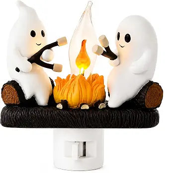 Ghost Campfire Night Light, Plug-in Wall Flickering Flame Nightlight, Halloween 3D Cute Spooky Marshmallow Ghost Decoration for Bedroom, Spooky Season Home Halloween Decor for Kids Adults