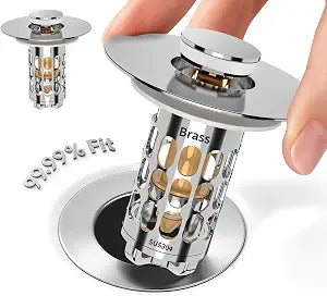 Sink Stopper Drain Hair Catcher,Bathroom Sink Drain Strainer with Removable Anti-Clogging Basket,Easy to Install Bathroom Sink Stopper Drain Catcher for 1.06-1.61in Basin Washstand Hole