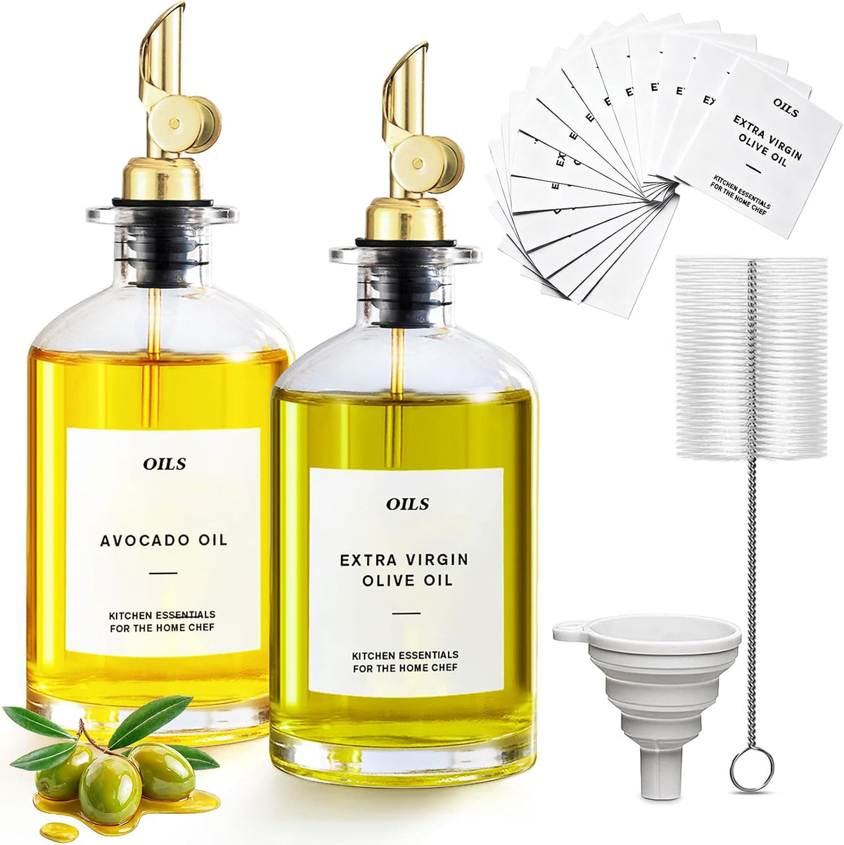 2PCS Olive Oil Dispenser for Kitchen, 350ml(12oz) Kitchen Glass Olive Oil Dispenser Bottle Set, Oil and Vinegar Dispenser Set with Gold-Toned Spouts and Labels(Gold)