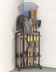 Garden Tool Organizer for Corner,Metal Yard Tool Organizer for Long-Handled Tools/Rakes/Brooms,Side Garden Pocket,Heavy Duty Steel Yard Tool Storage Rack for Garage,Shed, Outdoor