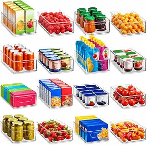Munfix Set Of 16 Refrigerator Organizer Bins - Plastic Pantry Organization and Storage Baskets - Stackable Food Fridge Organizers with Cutout Handles for Freezer, Kitchen, Countertops, Cabinets