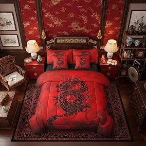 Exotic Chinese Style Comforter Set in a Bag 7 Pieces King,Black Graffiti Red Bedding Set with 1 Comforter,2 Pillowcases,2 Pillow Covers,1 Flat Sheet,1 Fitted Sheet,Dragon Bedding for Room Decor