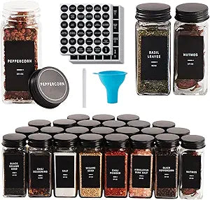 25 Glass Spice jars with label, 4oz Seasoning jars with Black Metal Lids