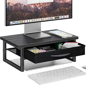 Ekisemio 2-Tier Monitor Stand with Fabric Drawer  Wood and Metal Computer Riser, Desk Organizer for Office, Black