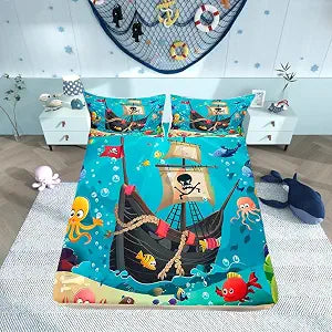 Castle Fairy Cartoon Pirate Ship Fitted Sheet Twin Size Marine Adventure Bedding Set Girls Boys Kids Underwater Fish Bed Cover Cute Octopus Jellyfish Bed Sheet,1 Pillowcase(No Flat Sheet)