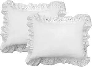 FRESH IDEAS Ruffled Bed Pillow Shams with Embroidered Eyelet Detail, King, White, 2-Pack
