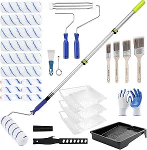 Paint Roller Kit with 2 to 4 FT Extension Pole for House Painting - Completed Home Painting Set with 9 & 4 Paint Roller Covers, Tray, Paint Brushes and Accessories
