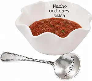 Mud Pie Salsa Ceramic Dip Cup Set, Nacho, White & Silver