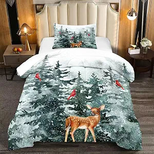 Winter Christmas Landscape Comforter Set Snowy Forest Wonderland Printed Quilt Bedding Set with 1 Comforter and 1 Pillow Cover for Bedroom Dormroom All Season Twin 68x90inches