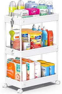 SPACEKEEPER 3 Tier Rolling Cart, Bathroom Cart Organizer with Wheels, White