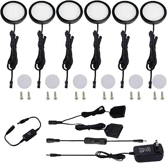 AIBOO Under Cabinet LED Black Cover Puck Lighting Kit with Touch Dimmer Switch for Kitchen Cupboard Closet Lighting (6 Lights,Warm White)