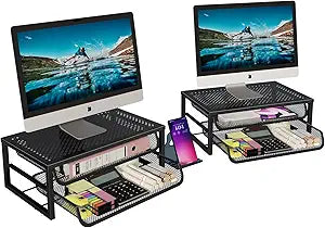 Ekisemio 2-Pack 2-Tier Monitor Stand Riser with Drawer, Metal Computer Desk Organizer for Home Office, Black