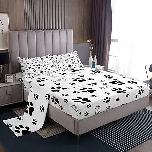 Castle Fairy Dog Paw Print Bed Sheet Set Kids Puppy Bone Sheets Set 4pc Black White Microfiber Soft Bedding Set,1 Flat Sheet,1 Deep Pocket Fitted Sheet,2 Pillow Cases���Queen Size���