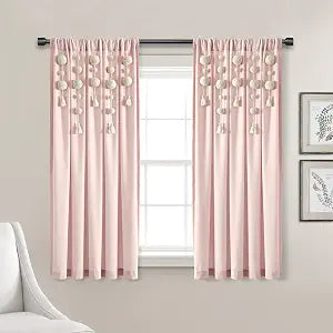 Lush Decor Boho Pom Pom Tassel Linen Textured Window Curtain Panel, Single 52" W x 63" L Blush -