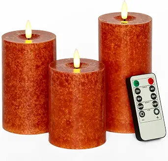 Stmarry Mottled Orange Fall Flameless Candles with Remote and Timer, Real Wax Made LED Pillar Candles Battery Operated with 3D Flickering Flame - 3" x 4",5",6" - Set of 3 Fall Candles