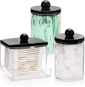 Tbestmax 10oz Cotton Ball Holder Qtips Dispenser, Bathroom Container Organizer for Storage Cotton Swabs, Pads - Apothecary Jar with Black Lids
