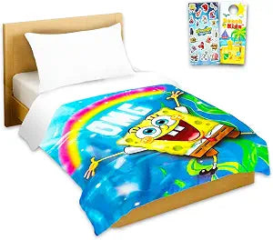 Nickelodeon Spongebob Bedspread Twin Set - Bundle with Sherpa Bedspread for Twin Bed Plus Stickers, More | Spongebob Room Decor Bedding Set for Boys, Girls