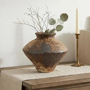 Small Stone Vase for Rustic Home Decor, Farmhouse Antique Pottery Vase Furniture&Table Flower Decorative, Round Terracotta Vases for Living Room Decor, Modern Rustic Concrete Clay Art Vases