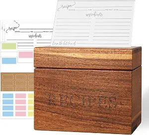 Recipe Card Box 4x6 with 50 Cards and 12 Dividers, Organizer Set Acacia