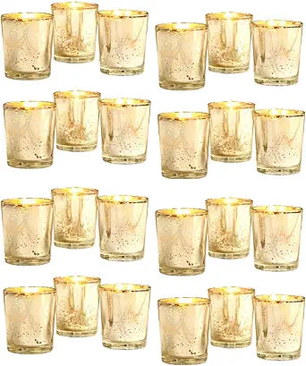Hosley Set of 24 Gold Mercury Filled Glass Votive Candles. Ideal Gift for Weddings, Bridal Showers, Parties, Home Decor, and Special Events