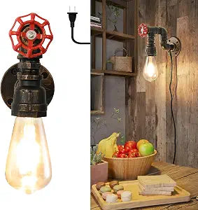 Water Pipe Wall Lights Vintage Steampunk Wall Light Fixture with Plug in Cord Wall Sconce for Barn Stair Small Wall Lamps E26 Industrial Farmhouse Cafe Garage Wall Mounted Lighting with Switch