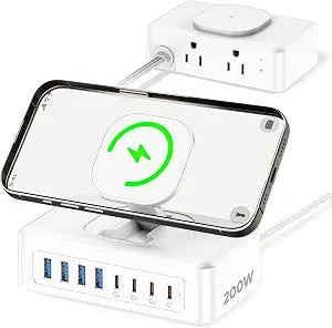 200W USB Charging Station, 11-in-1 USB C Power Strip Surge Protector, 2AC Outlets & 8USB Ports, 5ft Flat Plug Extension Cord with Multiple Devices, Home Office Desk Accessories