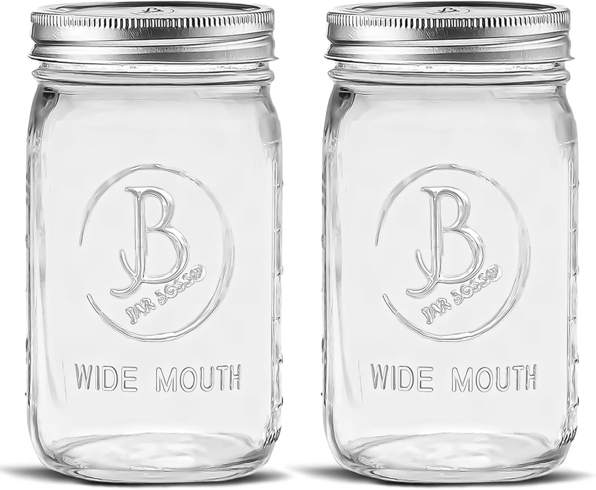 Wide Mouth Mason Jars 32 oz - (2 Pack) - Clear Glass Quart Mason Jars With Airtight Lids and Bands. For Storage, Canning, Fermenting, Meal Prep, Cold Brew Coffee, Freezing, Microwave & Dishwasher Safe