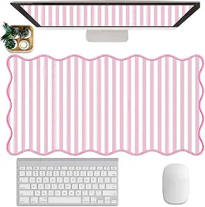 Scalloped Desk Mat Extended Large Cute Striped Mouse Pad Big Desk Pad XXL Aesthetic Stripe Mousepad Gaming Mouse Pad for Keyboard Computer Laptop Home Office Accessories 31.5X15.7Inches Pink White