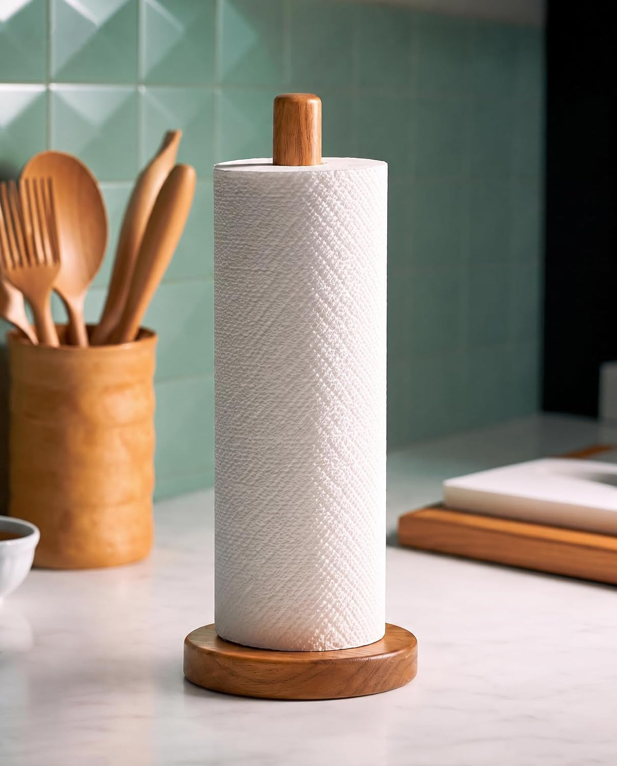 KitchLife Acacia Wooden Paper Towel Holder Countertop - Freestanding Paper Towel Dispenser Stand Organizer with Non-Slip Base