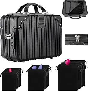 16PCS Lockable Storage Organizer Case with 15 Velvet Drawstring Bags, Black