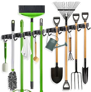 ZONGOOL 2 Pack Mop Broom Holder Wall Mount 4 Racks 5 Hooks Storage Black